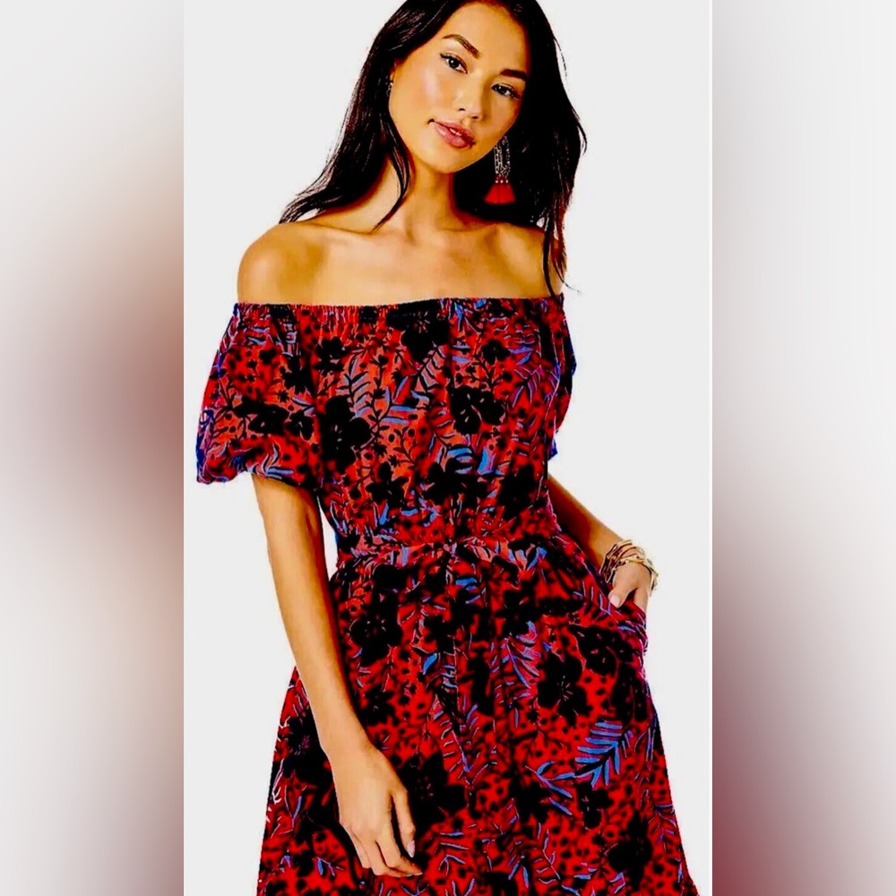 Lilly Pulitzer Womens Ruby Red Heron My Own Tamie Off The Shoulder Dress M